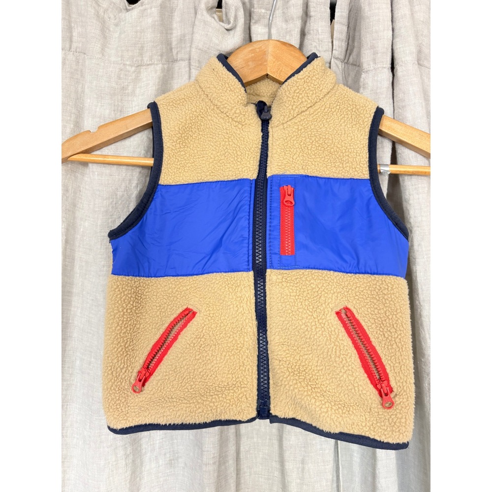 Baby Gap Toddler Sherpa Fleece Vest Tan Blue Red 18-24 Months Zip Up Pocket